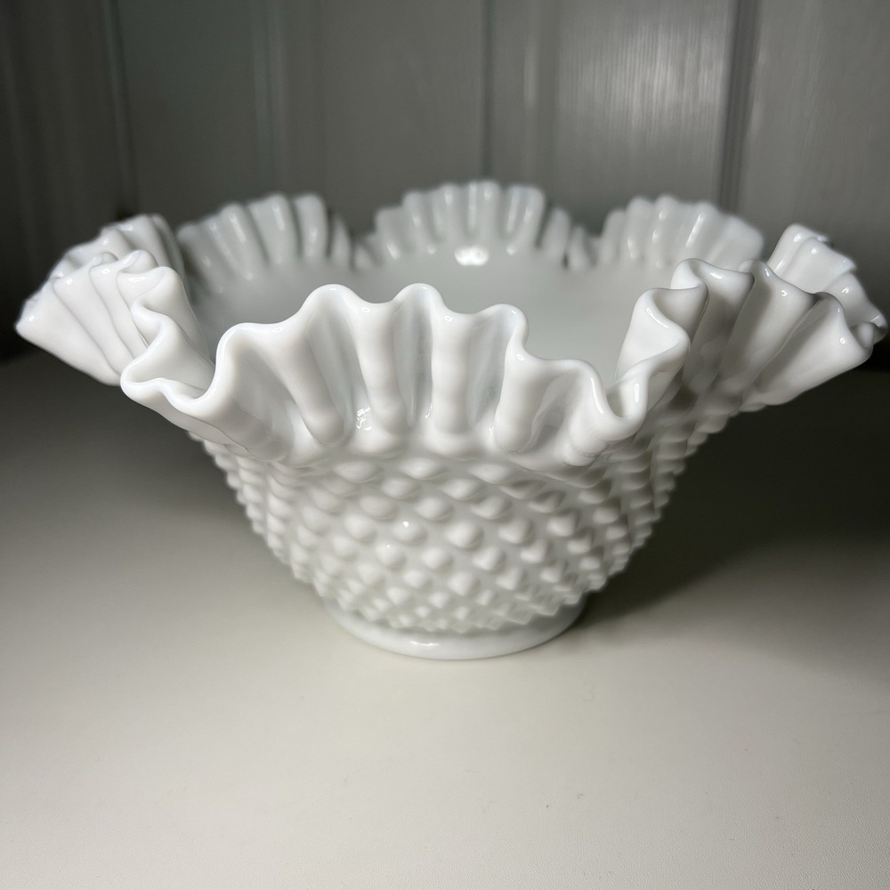 Vintage Fenton White Milk Glass Hobnail Ruffled Bowl 8" Double Crimped Pre-1970